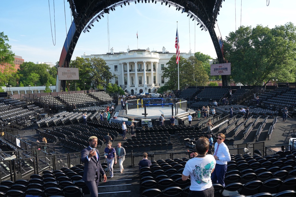 The temporary stadium can hold roughly 4,300 people, roughly 1,000 of whom are exclusively invited by President Trump, 200 invited by White and another 200 invited by Ari Emanuel, chair of UFC’s parent company, and another 1,200 will be active duty service members (AP)