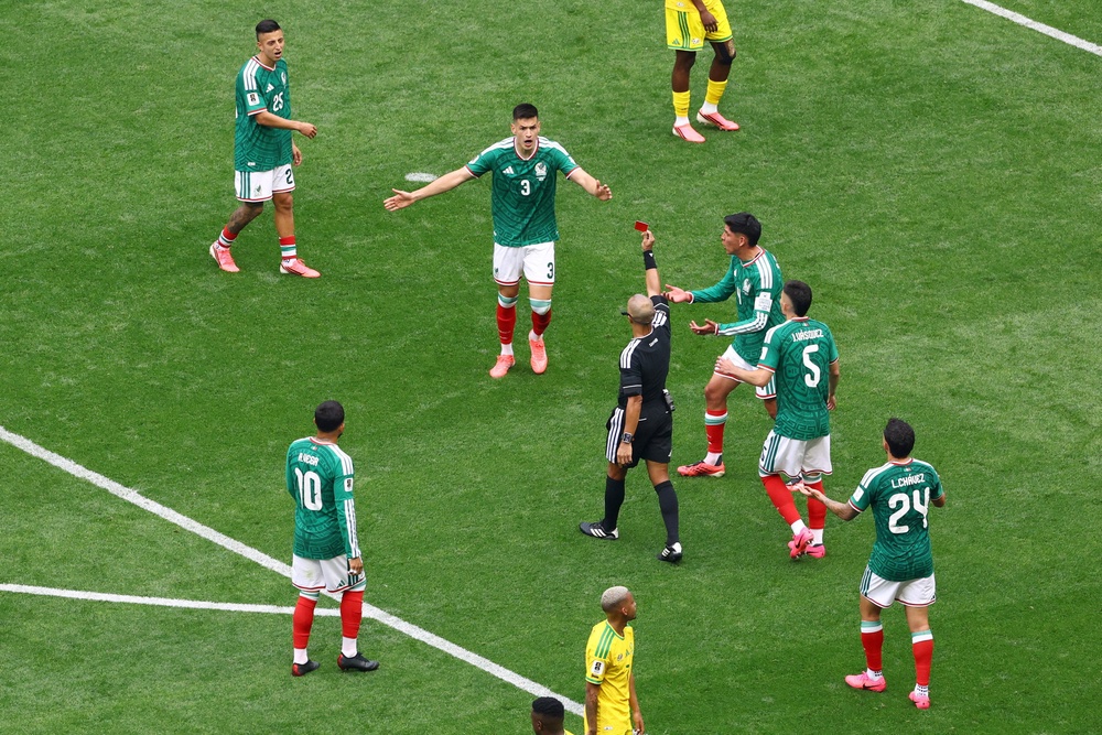 Montes reacts after being shown a red card by referee Wilton Sampaio (Reuters)