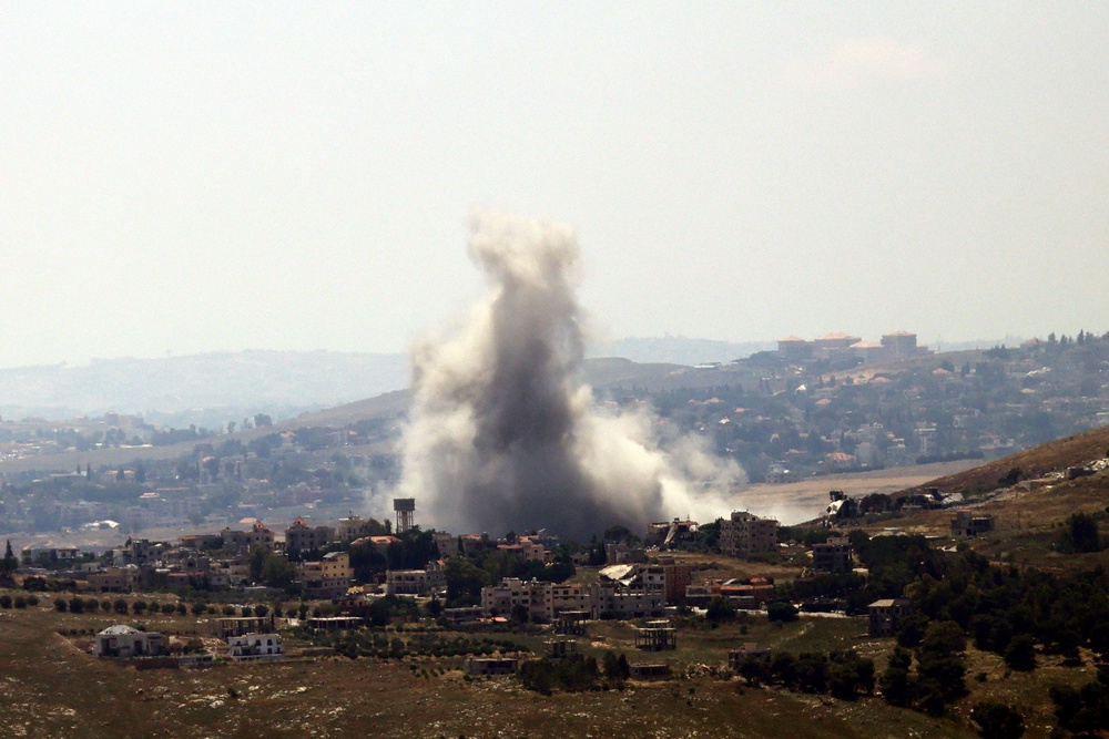 This photograph taken from the southern Lebanese area of Marjayoun shows smoke as it rises from the site of an Israeli airstrike that targeted the village of Kfar Tibnit (AFP/Getty)