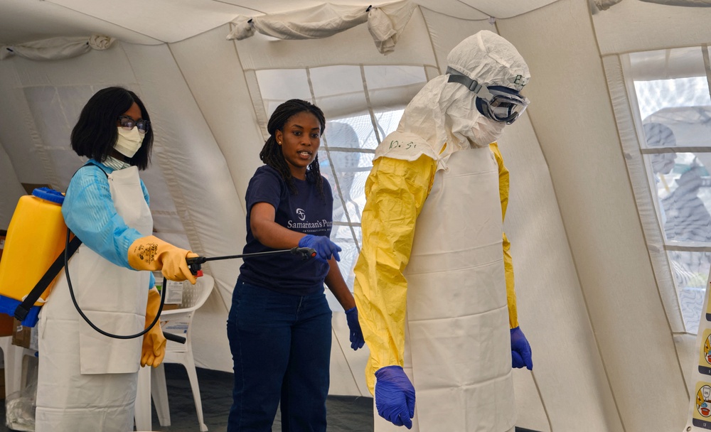 Congolese healthcare workers participate in an accelerated training session, at the newly built tents, in Bunia (Reuters)