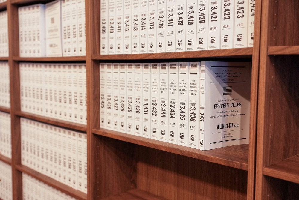 The reading room contains hard copies of the Epstein Files published by the Department of Justice, bound as 800-page books in more than 3,400 volumes (Reuters)