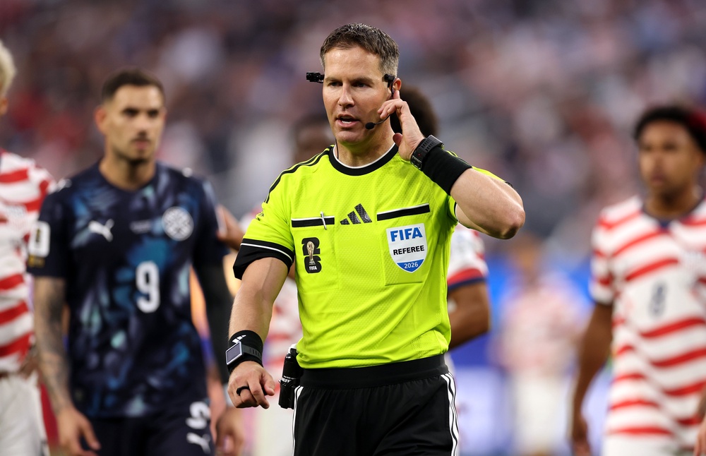 Referee Danny Makkelie looks on as a VAR check is underway for 'mistaken identity' (Getty)