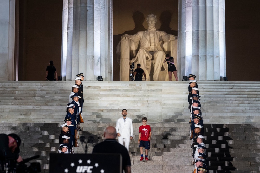 The remarkable backdrop as Topuria made his entrance for the UFC White House press conference (Getty)