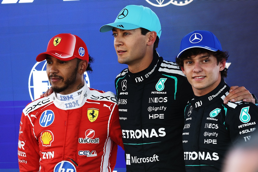 Lewis Hamilton and George Russell will be looking to make inroads into Antonelli’s advantage this weekend (Getty)