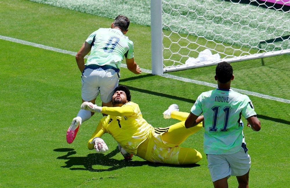 Mahmoud Abunada fouled Remo Freuler but the Swiss star may have been offside during the build-up (Reuters)