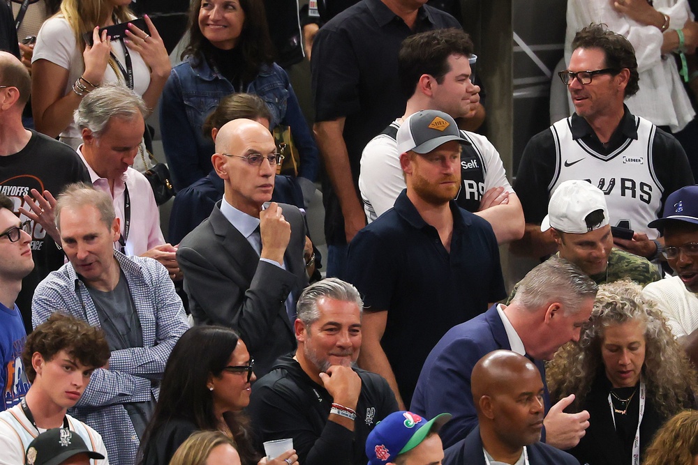 NBA Commissioner Adam Silver and Prince Harry look on during the third quarter in Game Five of the 2026 NBA Finals between the San Antonio Spurs and the New York Knicks at Frost Bank Center on June 13, 2026 in San Antonio, Texas (Getty)