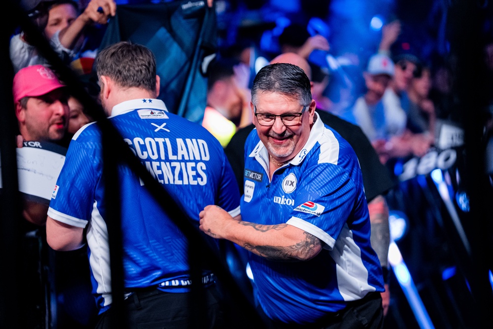 Gary Anderson also known as Flying Scotsman, from Scotland during day three of BetVictor World Cup of Darts 2026 at Eissporthalle Frankfurt on June 13, 2026 in Frankfurt (Getty)