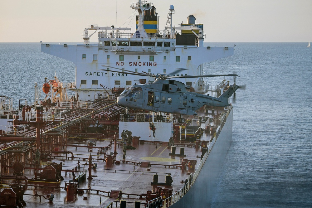 British armed forces intercepting a Russian shadow fleet vessel in the Channel in the early hours of Sunday (PA)