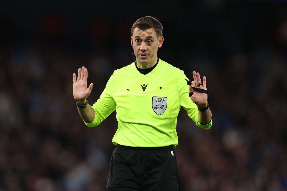 Referee Clement Turpin looks on during the UEFA Champions League 2025/26 Round of 16 Second Leg match between Manchester City FC and Real Madrid CF (Getty)