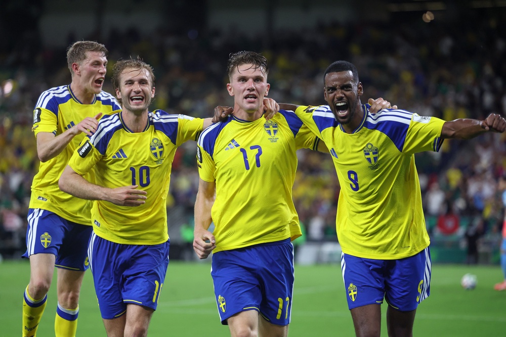 Alexander Bernhardsson (left), Benjamin Nygren (10) and Alexander Isak (9) celebrate with Viktor Gyokeres (17) (AP)