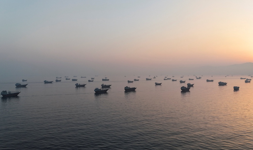 A drone view shows vessels in the Strait of Hormuz, as seen from Musandam, an exclave of Oman (Reuters)