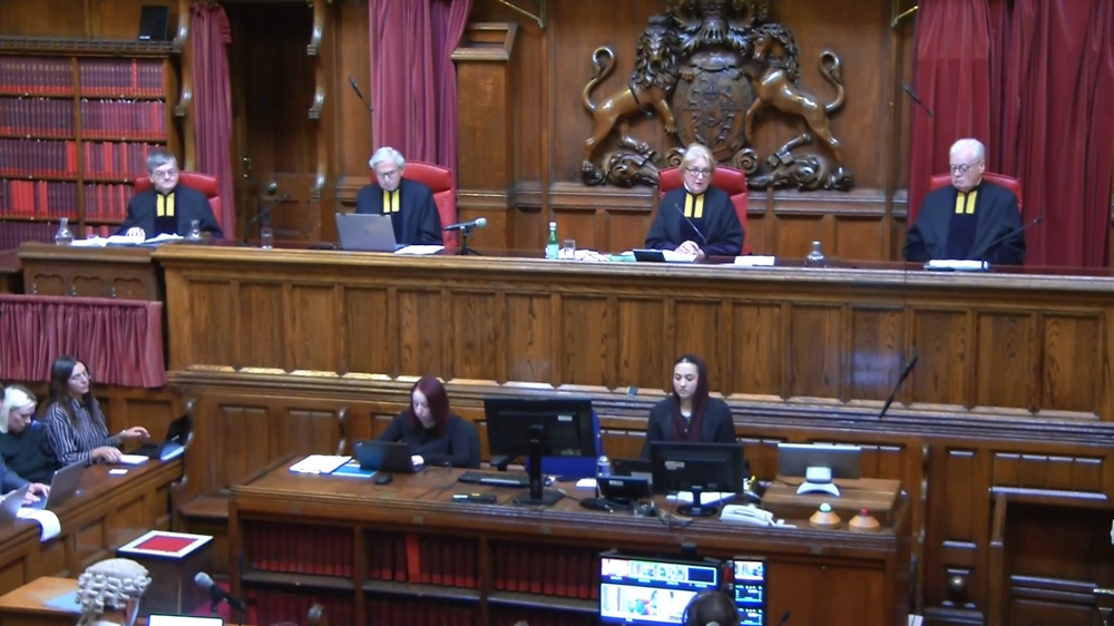 Lady Chief Justice Baroness Carr (second right) at the Royal Courts of Justice as she delivers the ruling by the Court of Appeal to ban Palestine Action (PA)