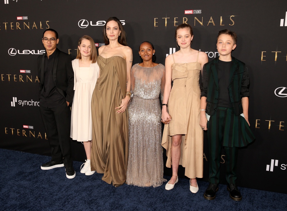 Angelina Jolie pictured with five of her six children: Maddox, Vivienne, Zahara, Shiloh and Knox in 2021 (Getty Images for Disney)