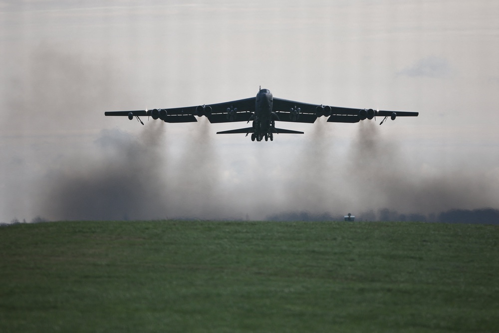 The B-52 Stratofortress is a long-range, heavy bomber that can fly at ‘high subsonic speeds’ up to 50,000 feet in the air (AFP via Getty Images)