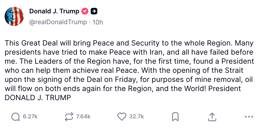 Trump announced on Sunday a peace deal to end the war with Iran (Donald Trump / Truth Social)