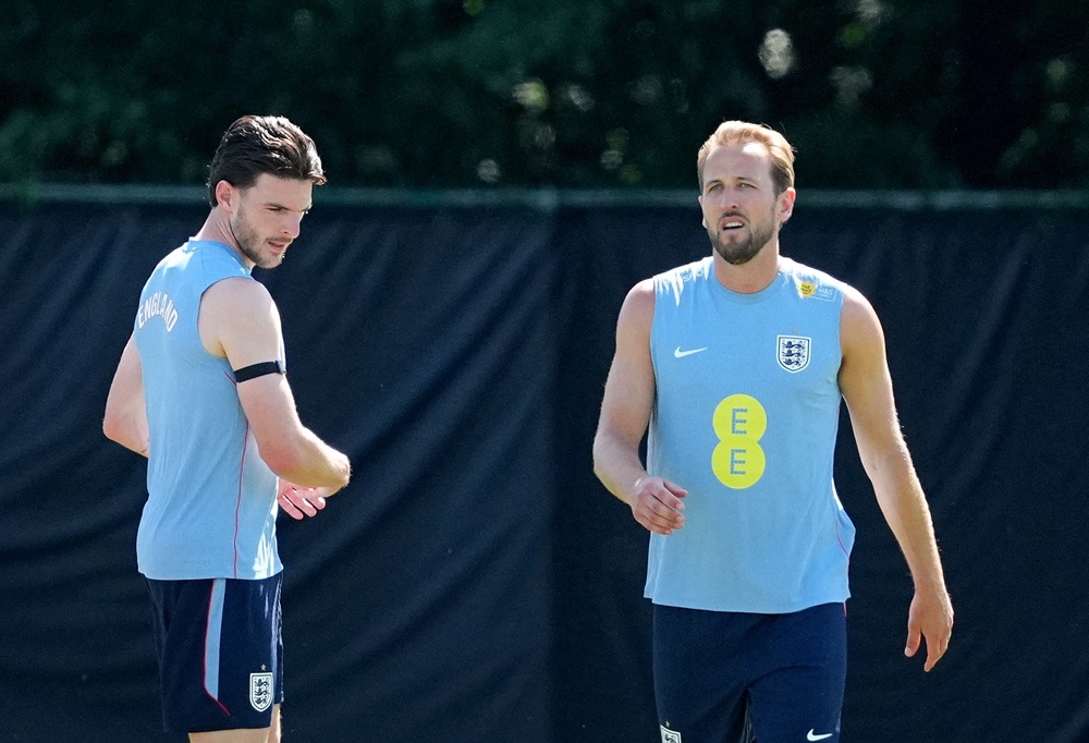 England captain Harry Kane, right, with vice-captain Declan Rice (Reuters)