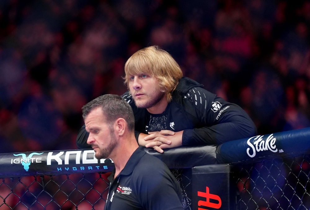 Paddy Pimblett cageside at UFC London in March (PA)