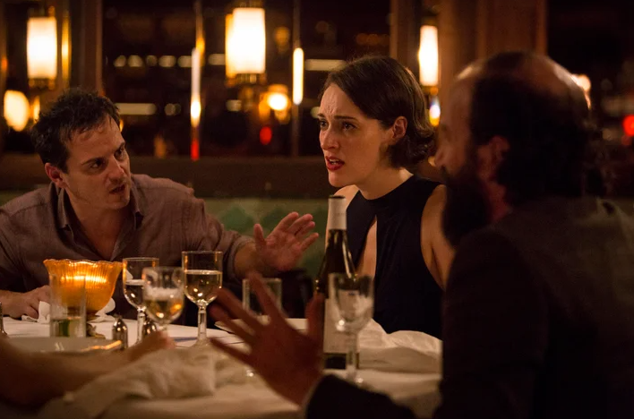 Phoebe Waller-Bridge speaking out during an uncomfortable family dinner in ‘Fleabag’ (BBC)