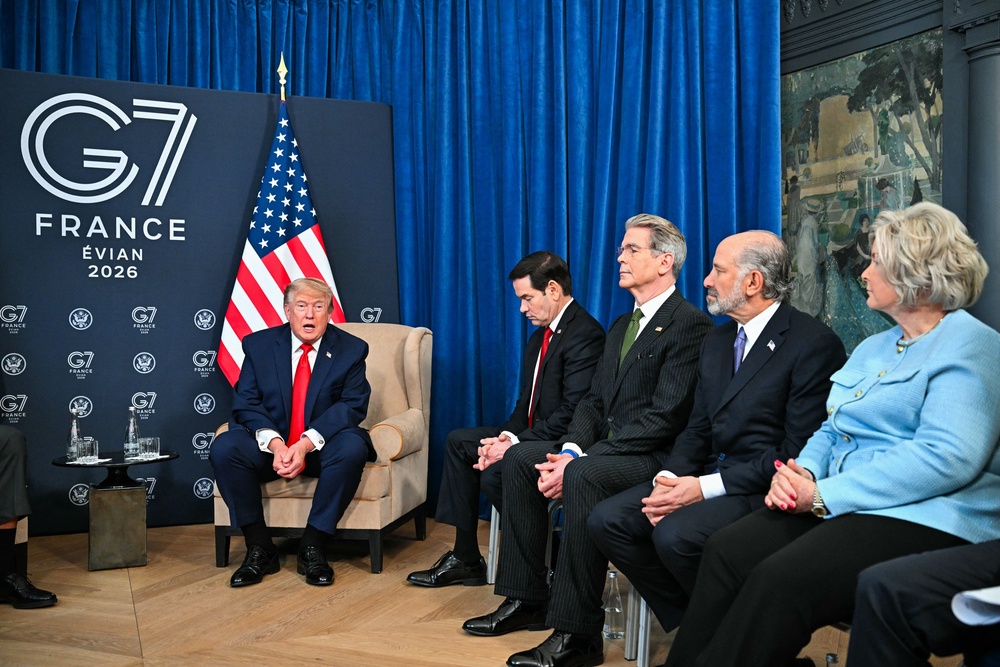 US President Donald Trump attends a bilateral meeting with Qatar's Emir and US Secretary of State Marco Rubio, US Secretary of Treasury Scott Bessent and US' Commerce secretary Howard Lutnick on the sidelines of the G7 summit, in Evian, eastern France, on June 16, 2026. (AFP/Getty)