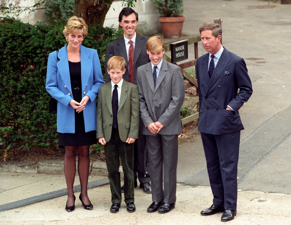 Prince and Princess of Wales (now King Charles III) and their sons Prince Harry (left) and Prince William face the media outside Manor House with house master Dr Andrew Gailey on William’s first day at Eton (PA)
