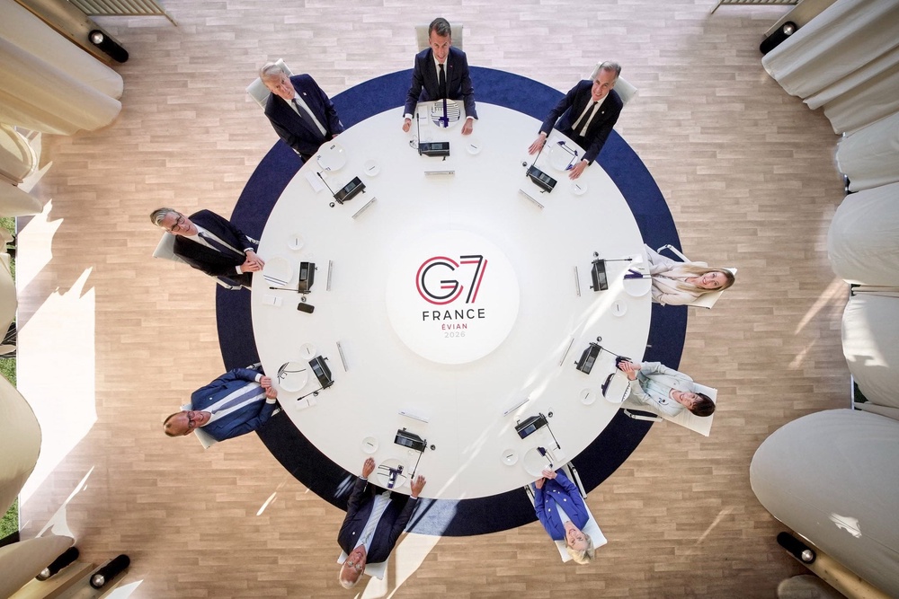 Donald Trump with his fellow G7 leaders. Pictured clockwise from Trump: French President Emmanuel Macron; Canadian Prime Minister Mark Carney; Italy's Prime Minister Giorgia Meloni; Japan's Prime Minister Sanae Takaichi; European Commission President Ursula von der Leyen; European Council President Antonio Costa; Germany's Chancellor Friedrich Merz; British prime minister Keir Starmer (X/@G7)