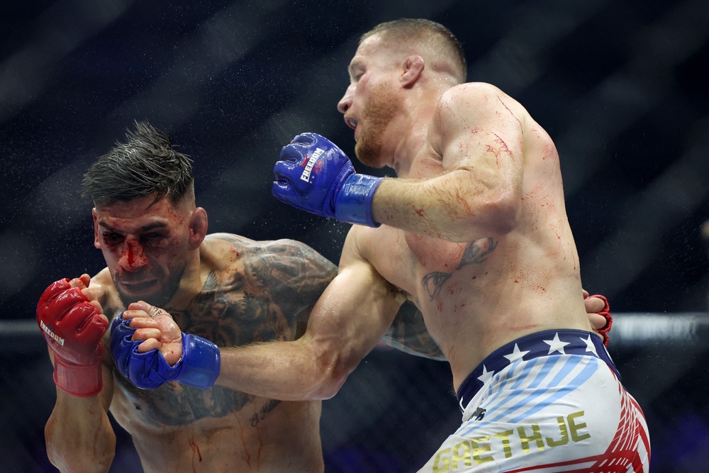 Gaethje recovered from a knockdown to stop Topuria between rounds (Reuters)