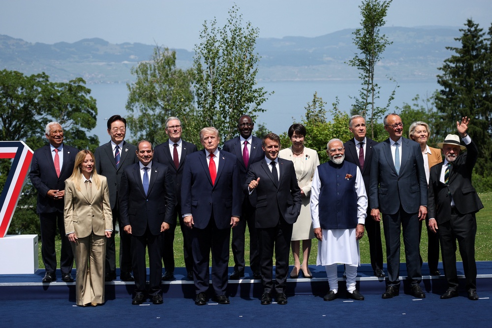President Donald Trump, French President Emmanuel Macron, Canadian Prime Minister Mark Carney, Italian Prime Minister Giorgia Meloni, Japanese Prime Minister Sanae Takaichi, European Commission President Ursula von der Leyen, European Council President Antonio Costa, German Chancellor Friedrich Merz, Egyptian President Abdel Fattah al-Sisi, South Korea's President Lee Jae Myung, India's Prime Minister Narendra Modi, Brazilian President Luiz Inacio Lula da Silva, Kenya's President William Ruto and British Prime Minister Keir Starmer pose for the so-called family photo during the G7 summit, in Evian-les-Bains, France, June 16, 2026. (Reuters)