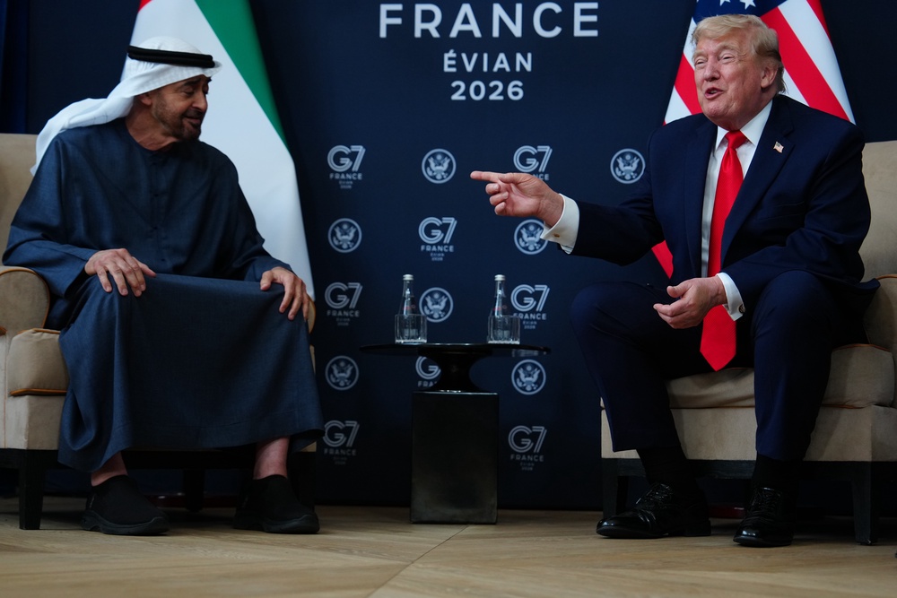 U.S. President Donald Trump meets with Crown Prince of Abu Dhabi Sheikh Khaled Bin Mohamed Bin Zayed Al Nahyan during a bilateral meeting on the sidelines of the G7 summit (AP)