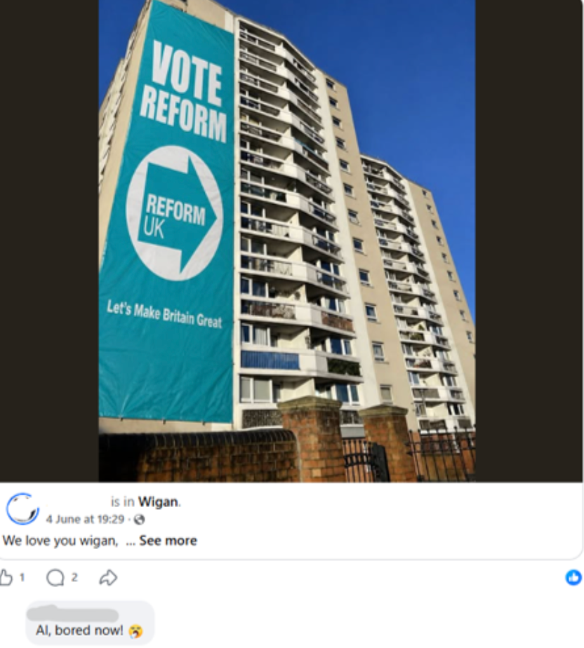 An AI-generated image of a Reform UK banner in Wigan (Social Market Foundation)