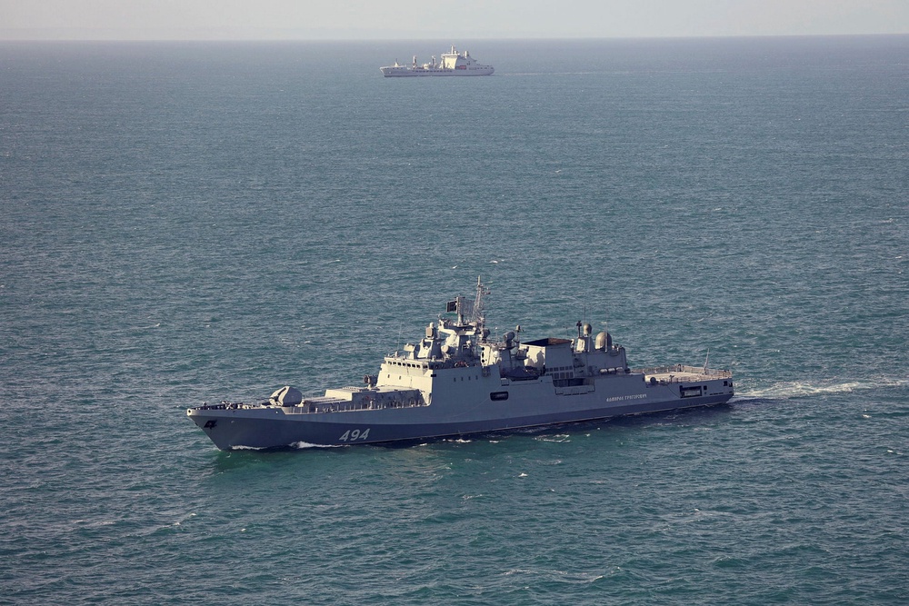 In this undated handout image provided by the UK Ministry of Defence, the Russian frigate Admiral Grigorovich (foreground) is monitored by the Royal Navy's RFA Tideforce (Getty)