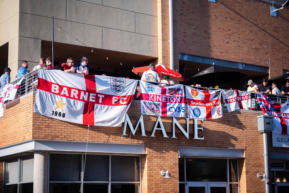 England flags were draped over the balcony of the venue (James Manning/PA)