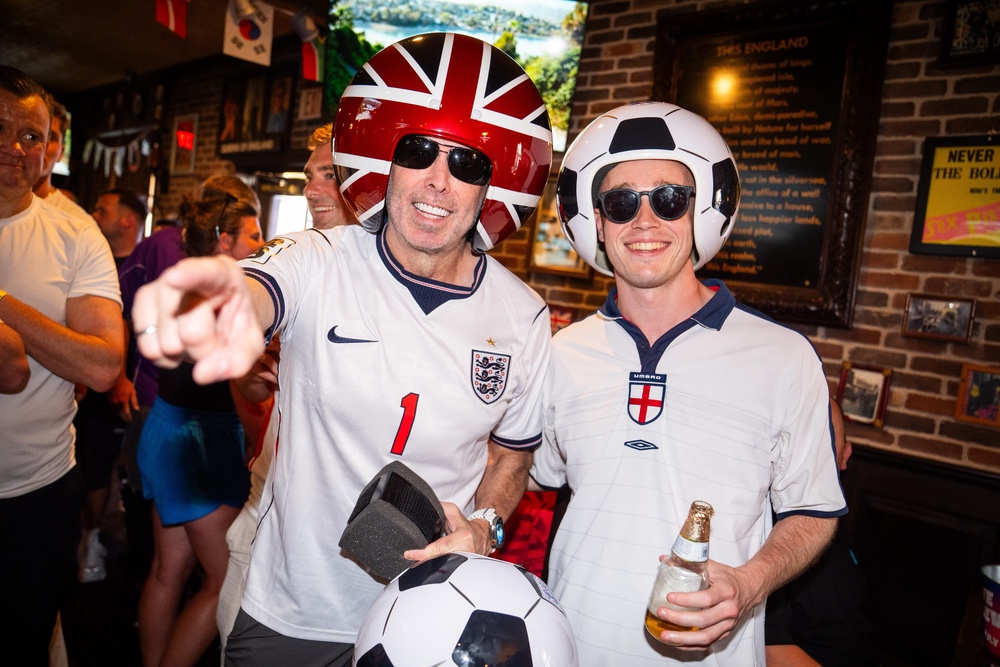 England fans wore fancy dress at the event on Tuesday. (James Manning/PA)