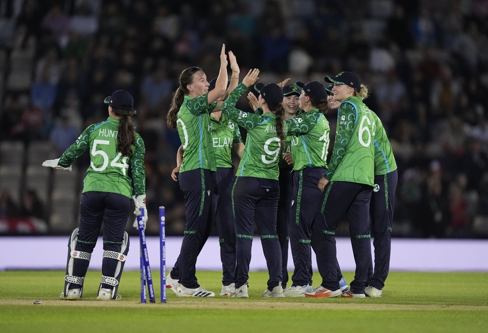 Ireland’s Orla Prendergast (centre) celebrates the wicket of England’s Alice Capsey (Andrew Matthews/PA) (PA Wire)