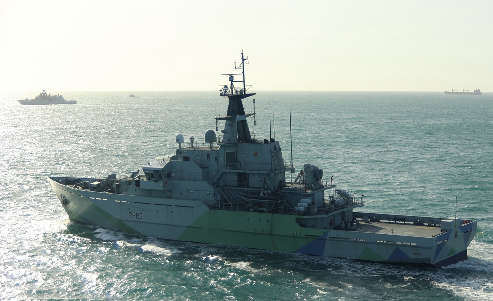HMS Mersey (foreground) monitored the RFN Admiral Grigorovich (background left) (PA)