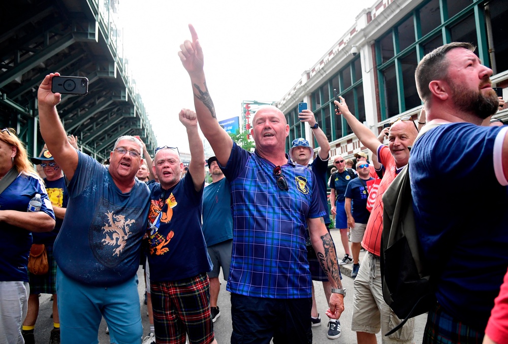 Scotland's Tartan Army march to Boston's Fenway Park baseball stadium. (Reuters)