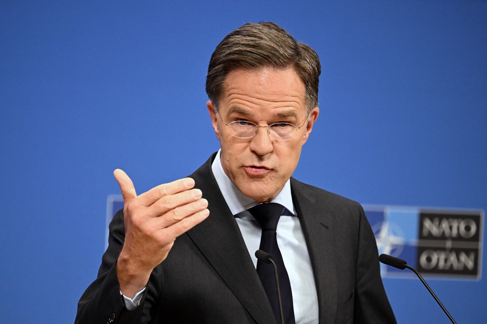 Nato Secretary General Mark Rutte delivers a speech during a press conference on the eve of a meeting of Nato Ministers of Defence at Nato headquarters in Brussels on June 17, 2026. (AFP/Getty)