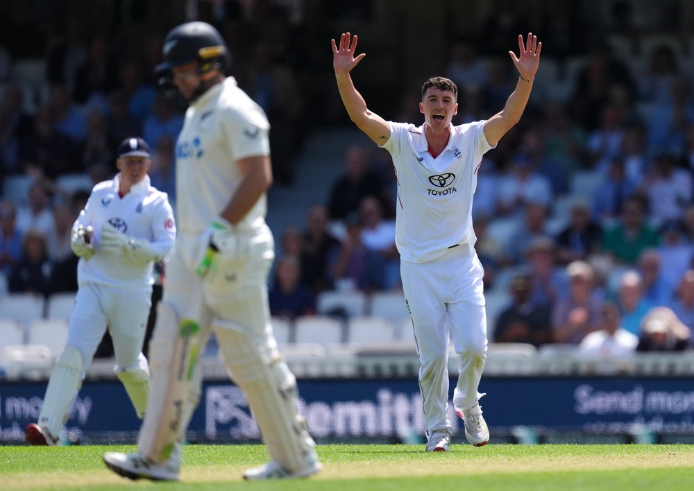 England’s Matt Fisher celebrates the dismissal of Devon Conway (Ben Whitley/PA) (PA Wire)