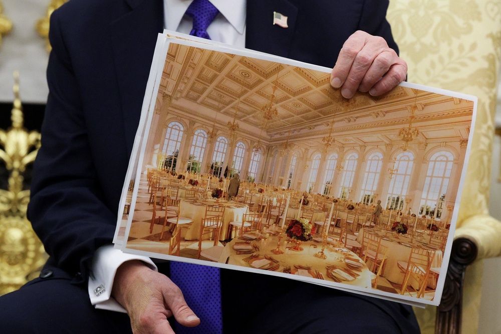 Trump’s White House ballroom renderings indicate the US president is aiming for an opulent design featuring gilded accents in a white room (Getty)