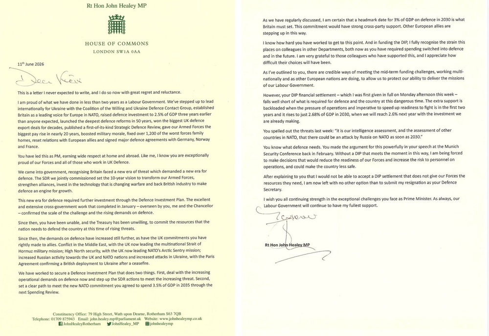 John Healey’s resignation letter suggested that the UK was only on course to spend 2.68% of GDP on defence by 2030 (John Healey/PA) (PA Media)