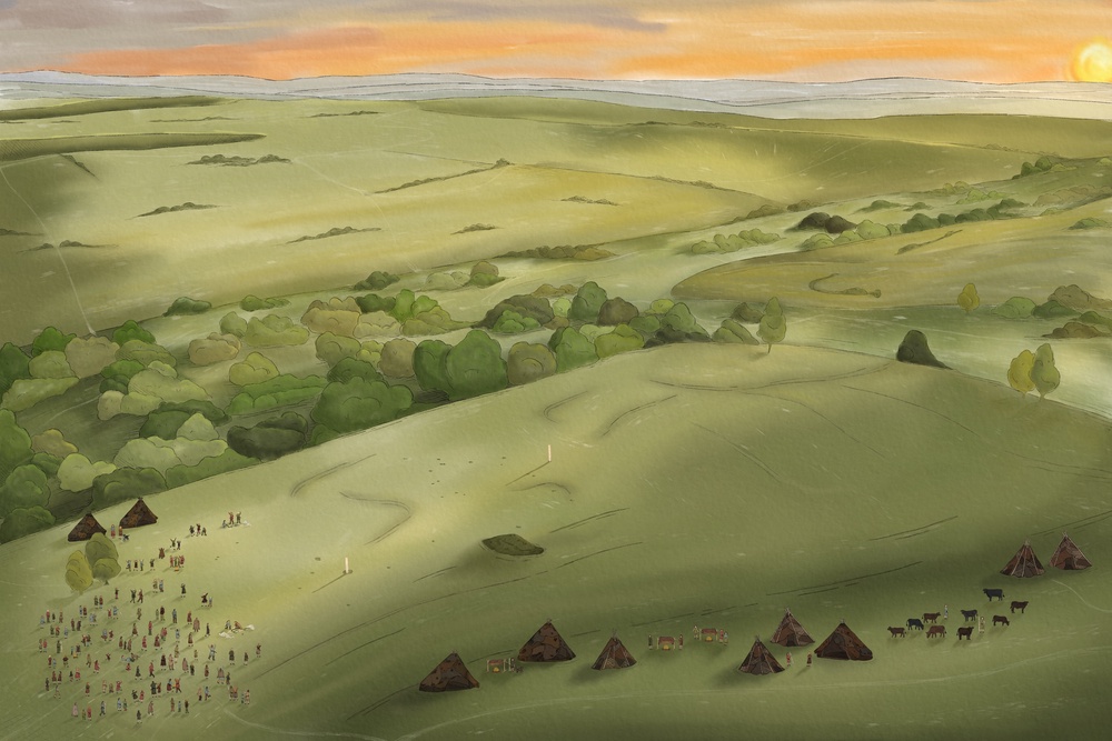 An illustration issued by Wessex Archaeology of a reconstruction of summer solstice celebrations as they might have appeared at Bulford 5,000 years ago (Wessex Archaeology)