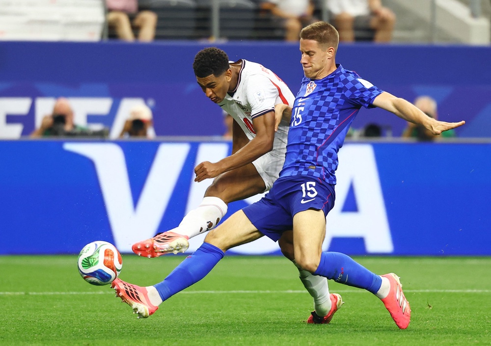 Bellingham fires home England’s third goal of the game (Reuters)