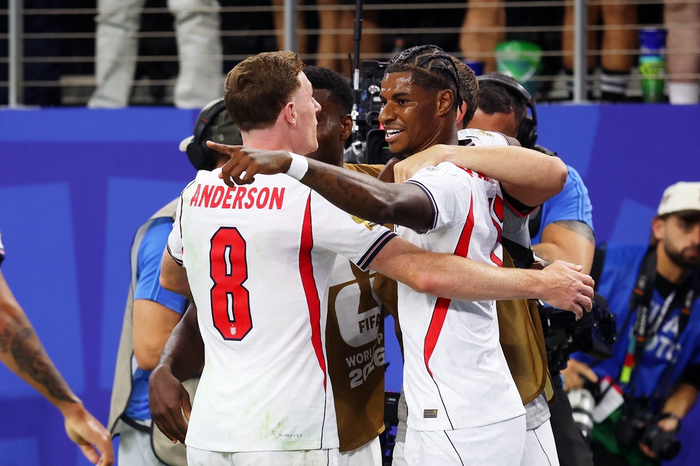 Marcus Rashford, centre, takes the plaudits from teammate Elliot Anderson after his goal (Getty)