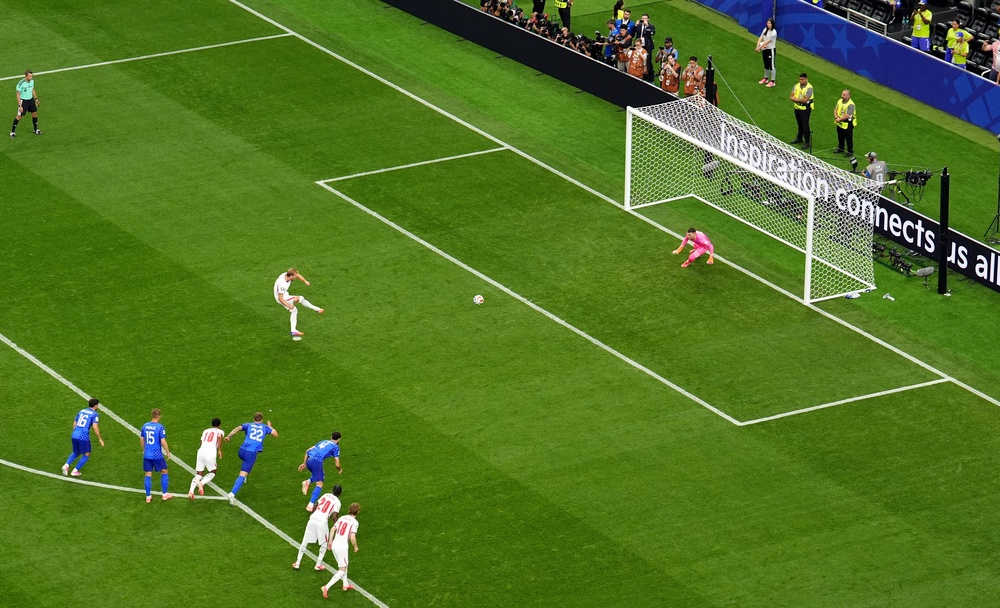 England’s Harry Kane saw his initial penalty saved by Croatia goalkeeper Dominik Livakovic (Martin Rickett/PA) (PA Wire)