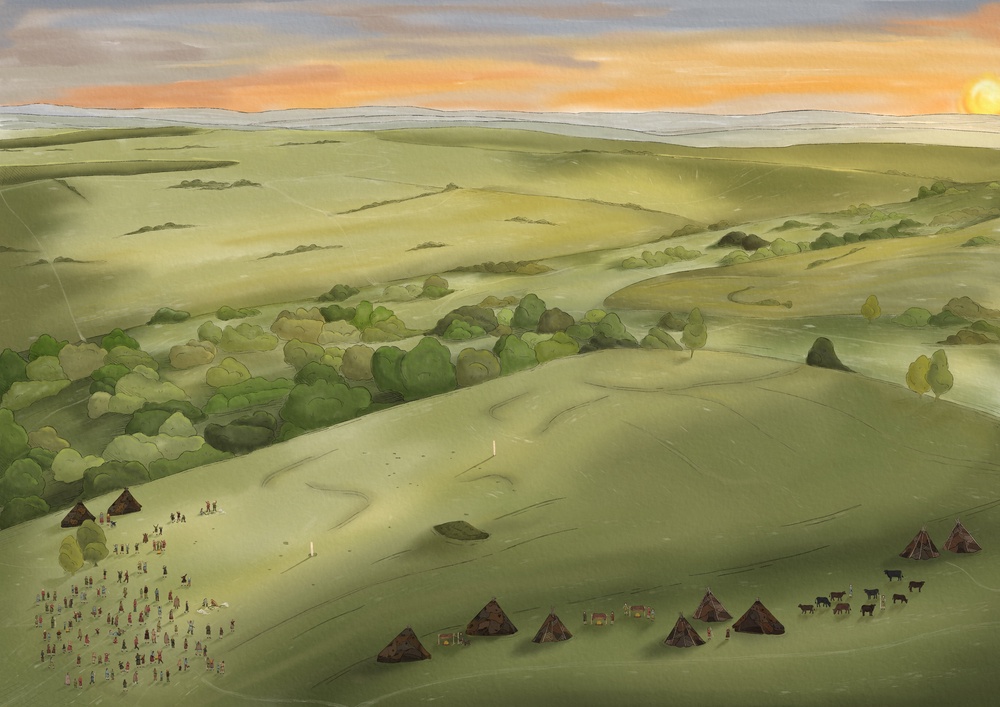Archaeologists have reconstructed what the summer solstice celebrations might have looked like at Bulford 5,000 years ago (Marijane Porter/Wessex Archaeology/PA)