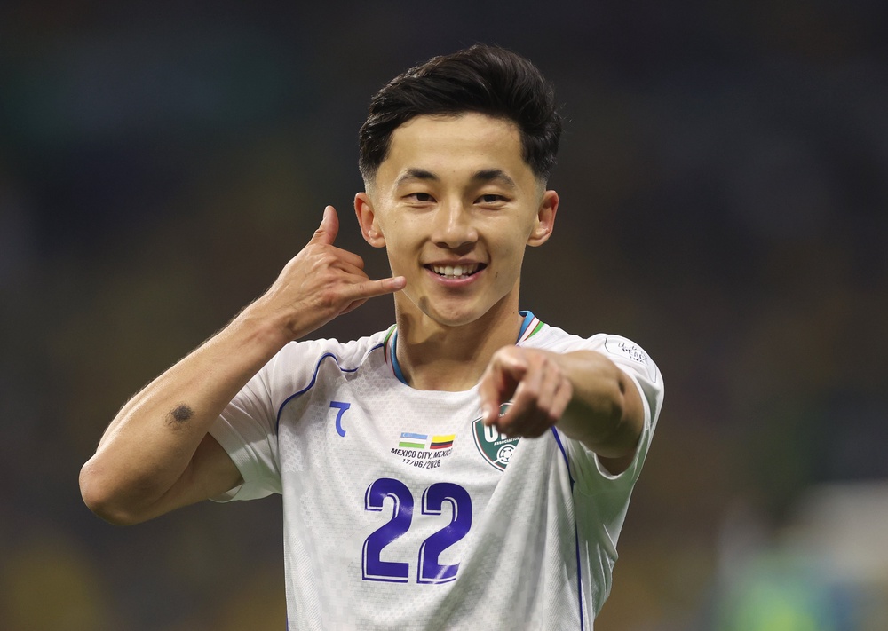 Abbosbek Fayzullaev of Uzbekistan celebrates scoring (Getty)