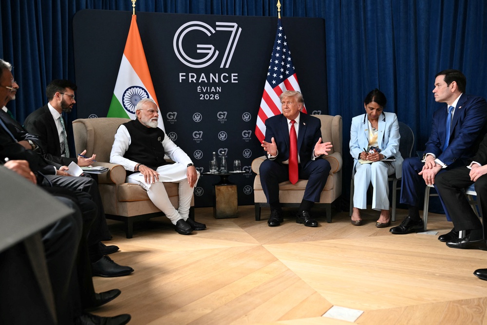 US president Donald Trump, India's prime minister Narendra Modi  and US Secretary of State Marco Rubio  attend a bilateral meeting as part of the G7 summit, in Evian, eastern France, on 17 June 2026 (AFP/Getty)