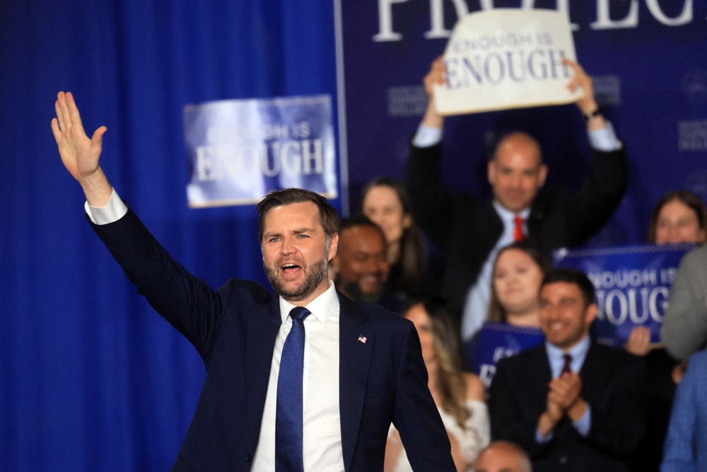 US vice president JD Vance gestures as he delivers remarks during an event at Gold Coast Studios on 17 June 2026 in Bethpage, New York (Reuters)