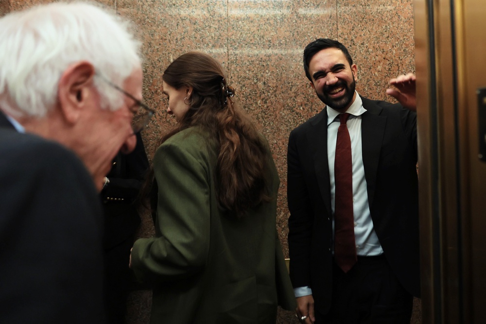 Sen. Bernie Sanders (I-VT) and NYC Mayoral Candidate Zohran Mamdani enter an elevator after a meeting in the Dirksen Senate Office Building (Getty)