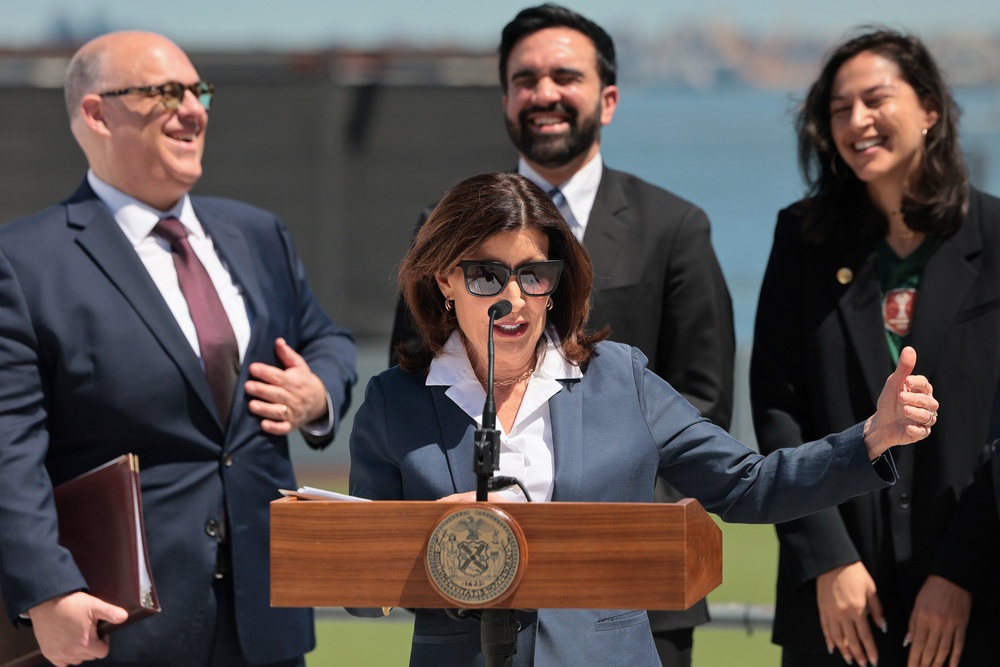 Gov. Kathy Hochul speaks during a press conference at Staten Island University Hospital Community Park on April 27, 2026 in New York City (Getty)