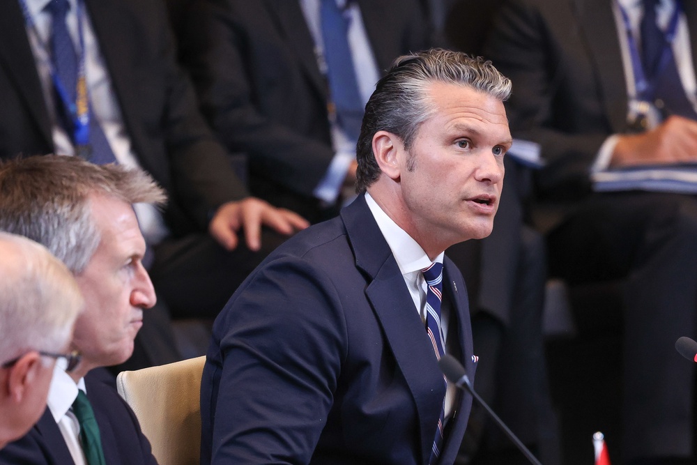 US secretary of defence Pete Hegseth addresses the North Atlantic Council meeting of Defence Ministers during the Nato defence ministers (Getty)